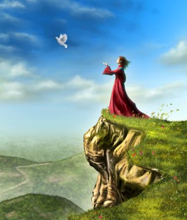fugl, kvinde, klippe, grønne himmel, flue Andreus - Dreamstime