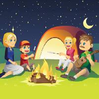 Pixwords Billedet med børn, synge, guitar, brand, månen, himmel, telt, kvinde Artisticco Llc - Dreamstime