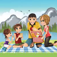 Pixwords Billedet med bjerg, udendørs, børn, familie, basket, spise Artisticco Llc - Dreamstime
