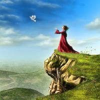 Pixwords Billedet med fugl, kvinde, klippe, grønne himmel, flue Andreus - Dreamstime