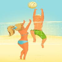 Pixwords Billedet med spiller, bold, strand, netto, hop, pige, kvinde, mand, dreng Fixara
